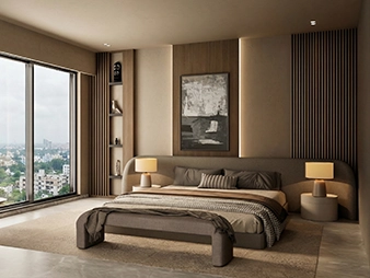 Spacious luxury master bedroom with refined finishes