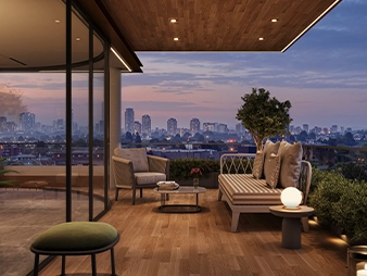 Elegant dining area with panoramic city skyline views